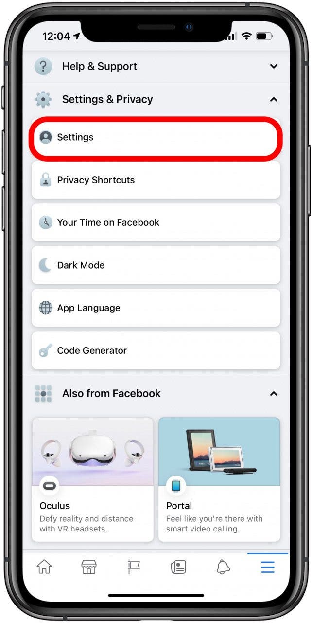 Tap Settings on Facebook