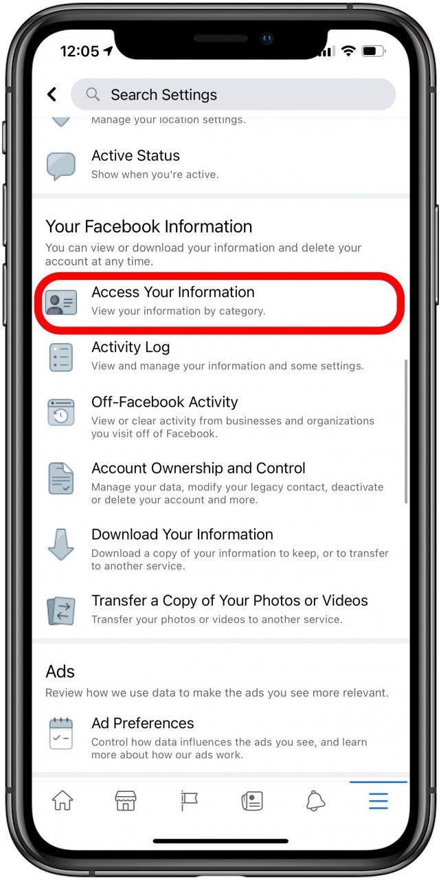 Tap Access Your Information on Facebook