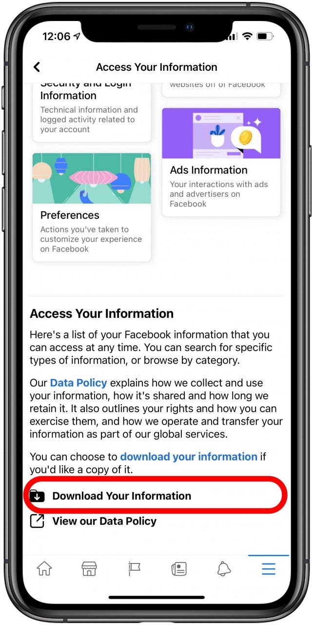 Scroll down and tap Download Your Information.