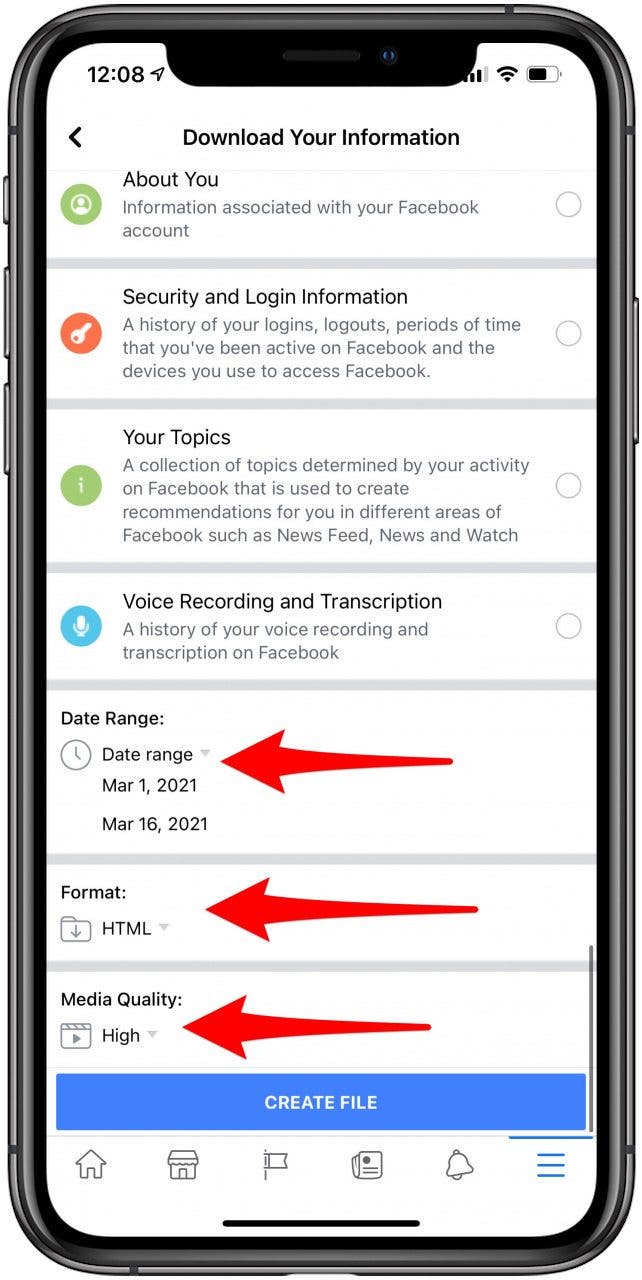 Scroll down and choose the date range, format, and quality for your photo file.