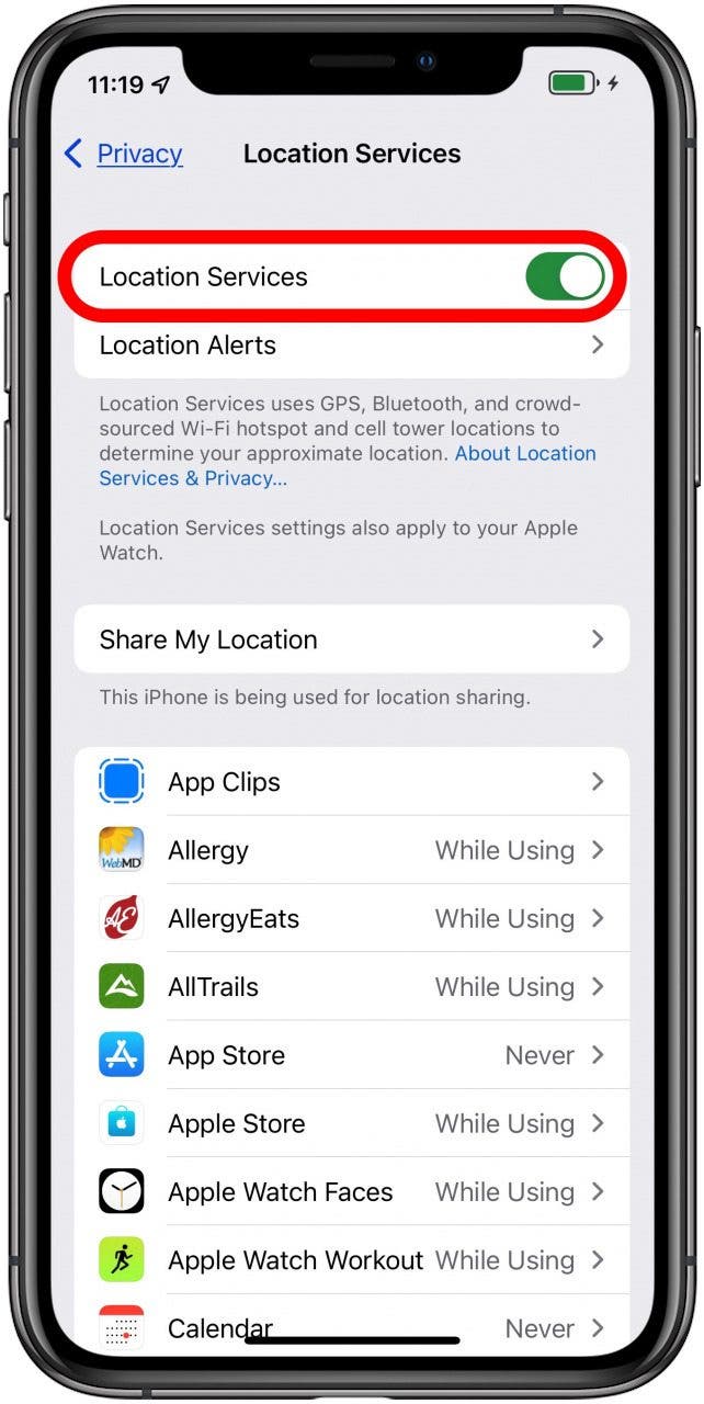 turn location services on or off on iphone