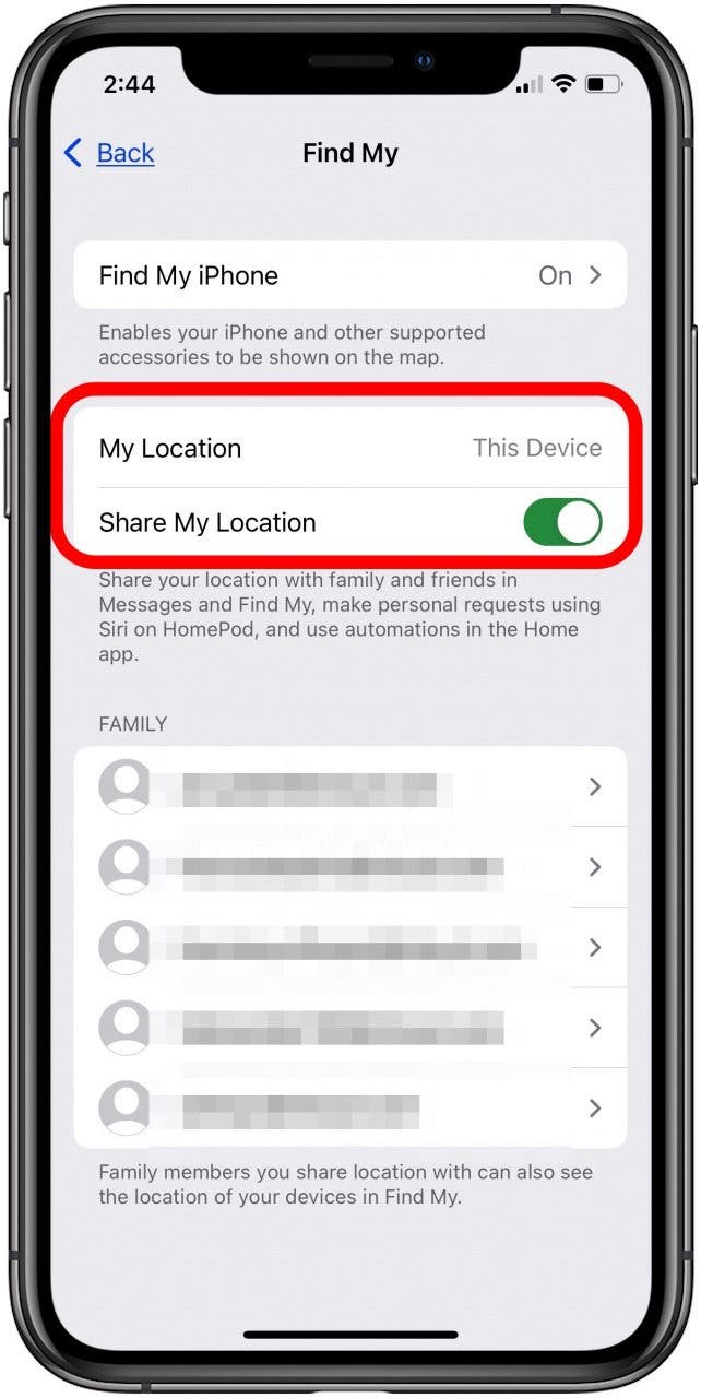 toggle on share my location