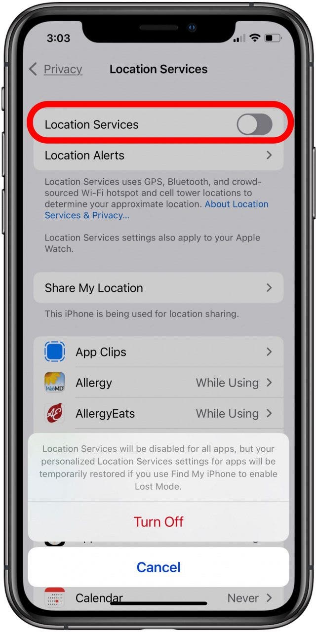 toggle off location services