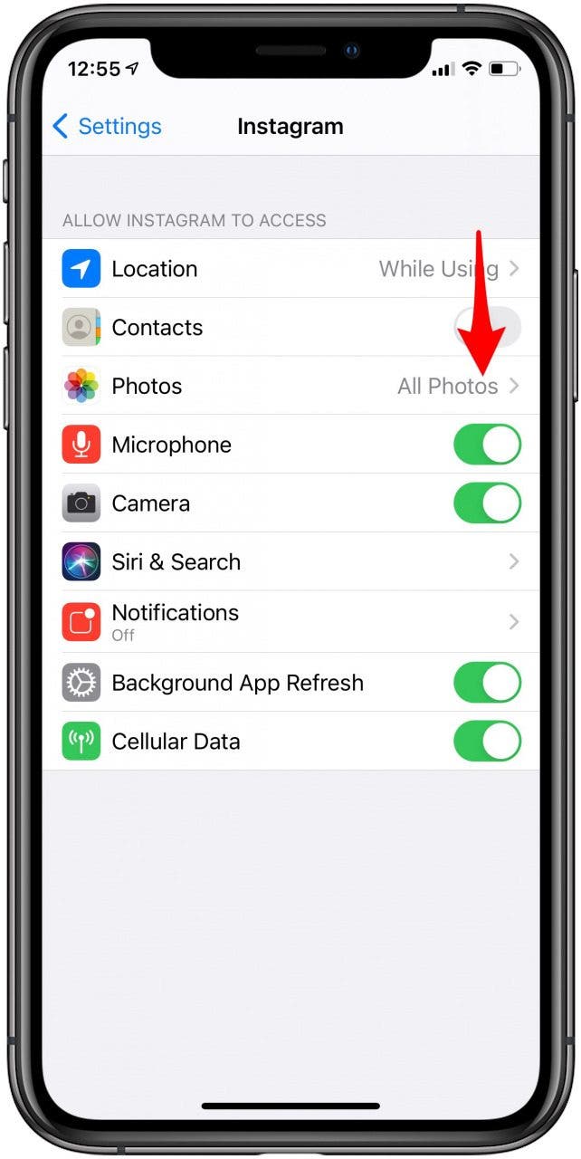 how to enable camera access on iphone for instagram