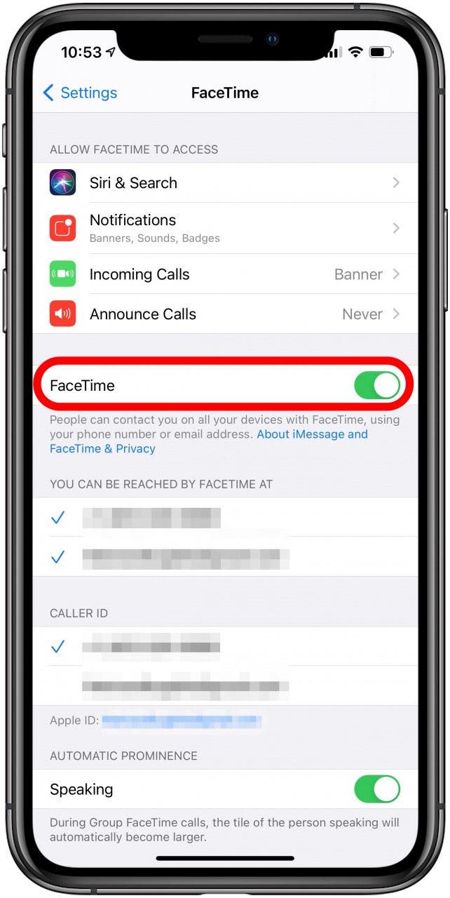 Make sure FaceTime is toggled on in your iPhone settings