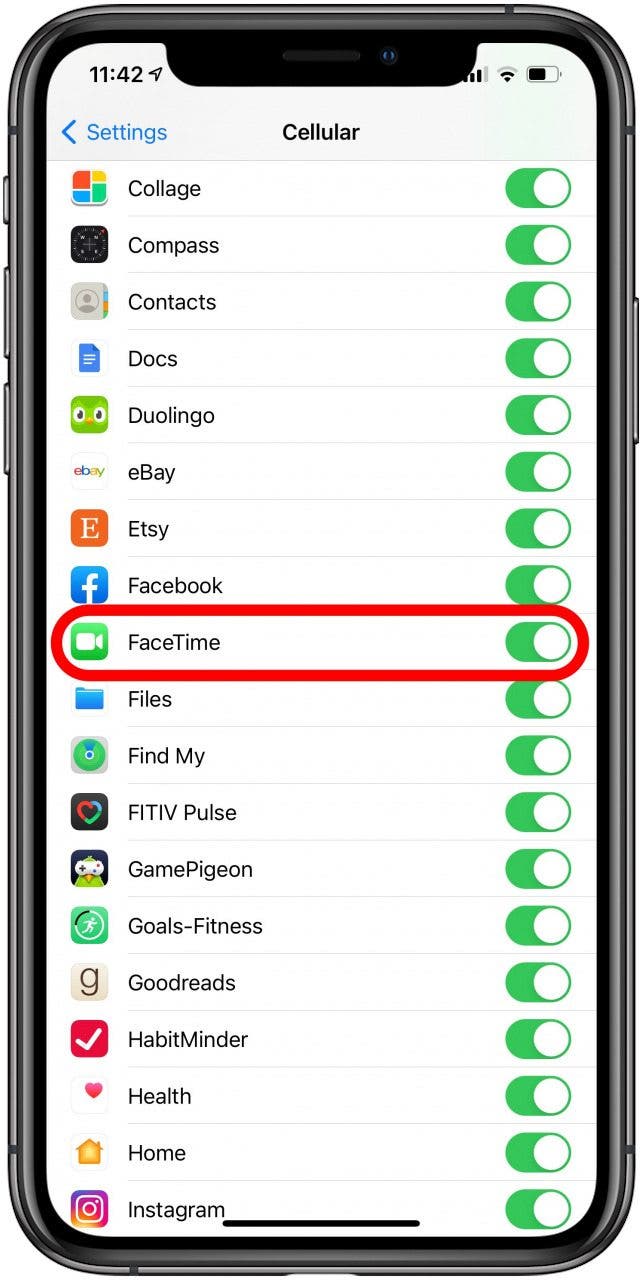 Scroll down to the list of apps and make sure that FaceTime is toggled on.