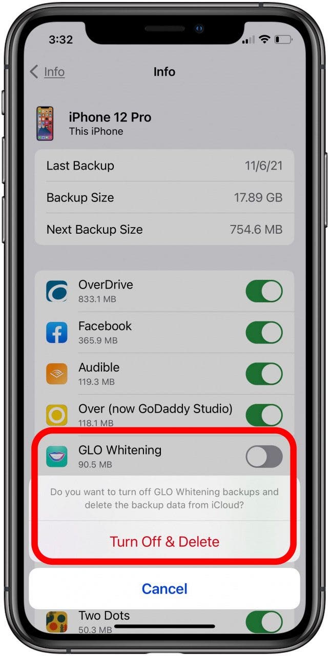 toggle off backups and tap turn off & delete