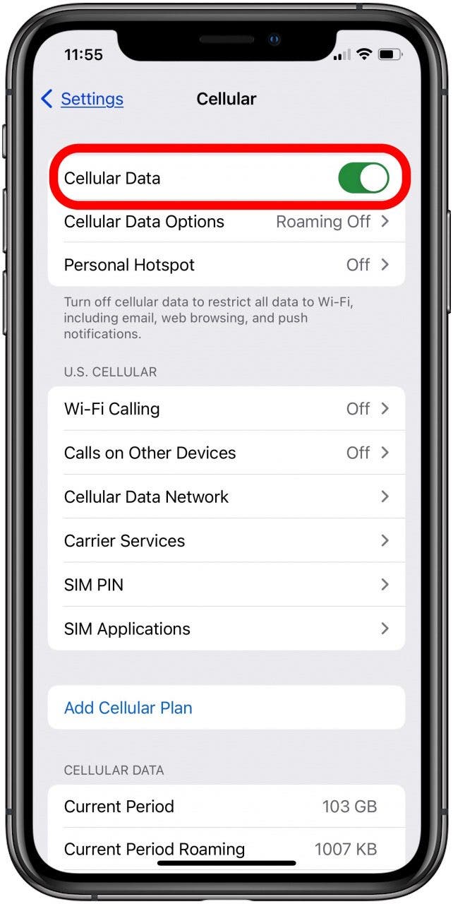 turn on cellular data on iphone