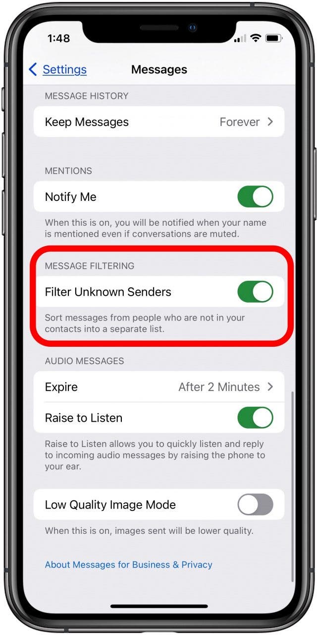 filter unknown senders on iphone