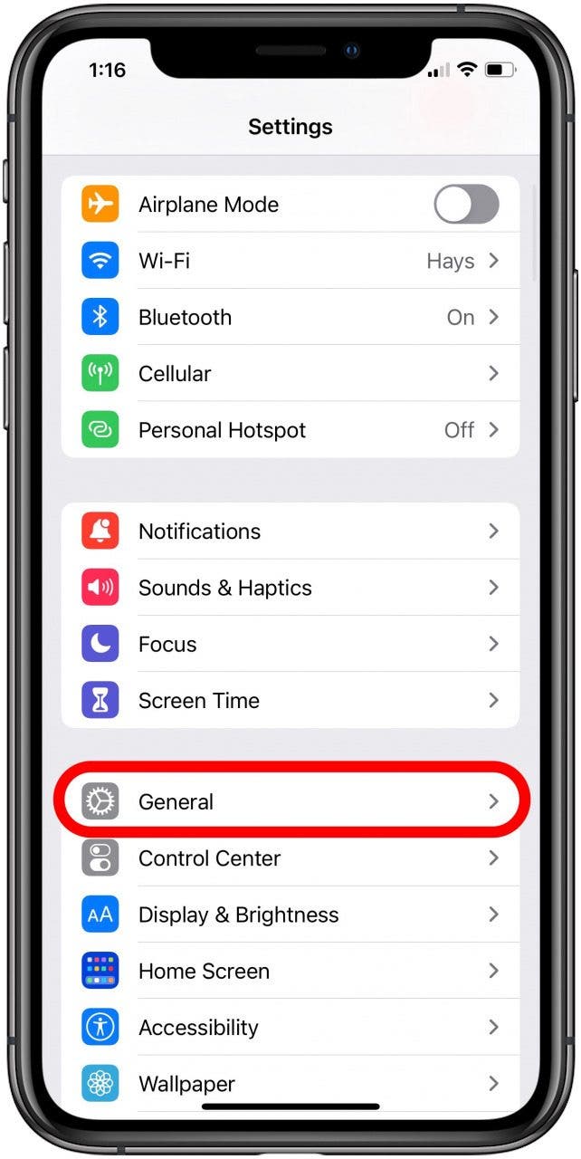 general iphone settings