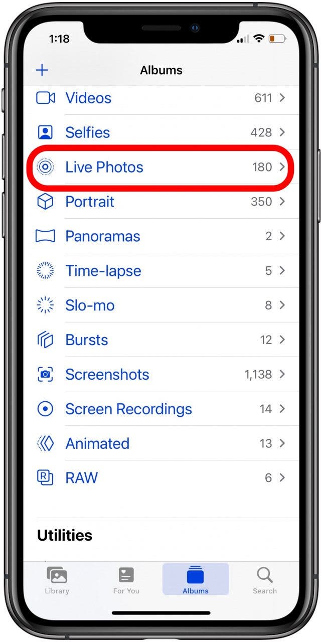 live photos in albums tab on iphone