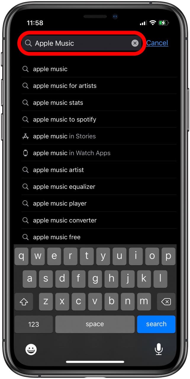 enter apple music into the app store search bar