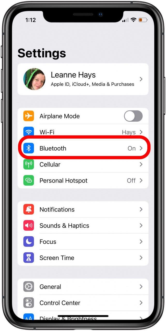 tap bluetooth in iphone settings