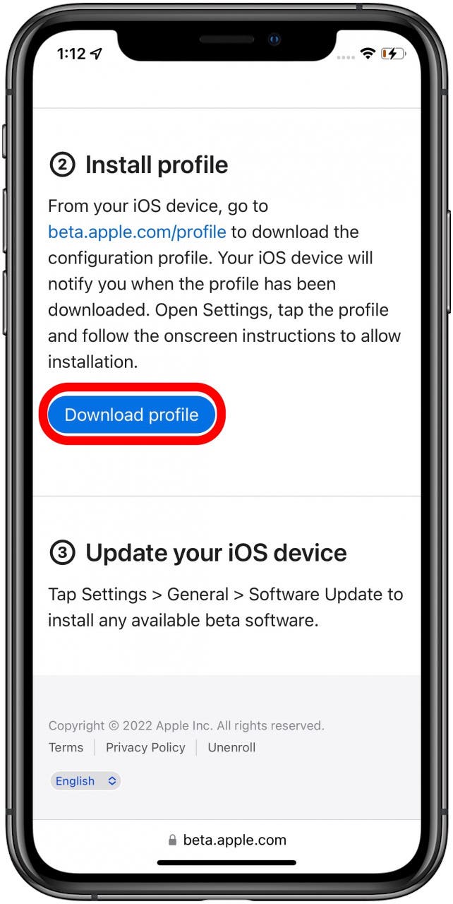 tap download profile to download apple beta software