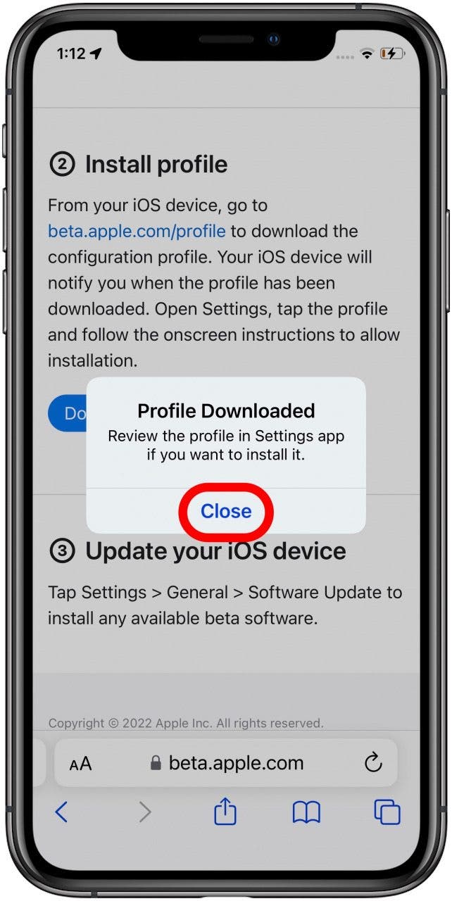 tap close when ios beta profile is downloaded