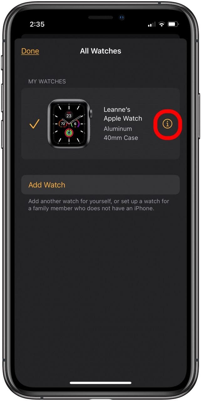 tap info icon to unpair an apple watch