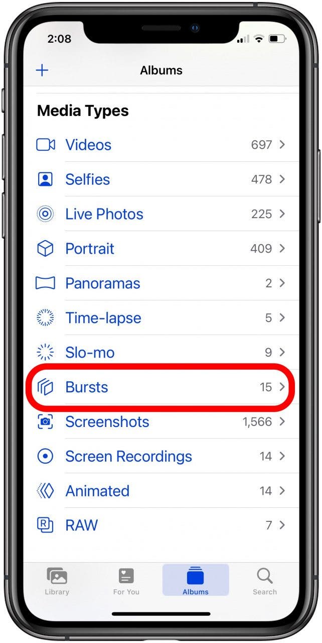 open the albums tab and tap burst to see your burst photos