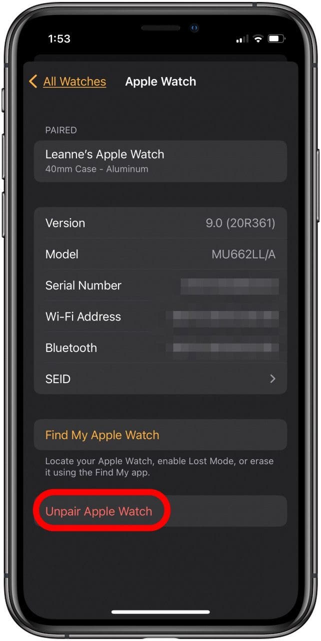 tap unpair apple watch to disconnect apple watch