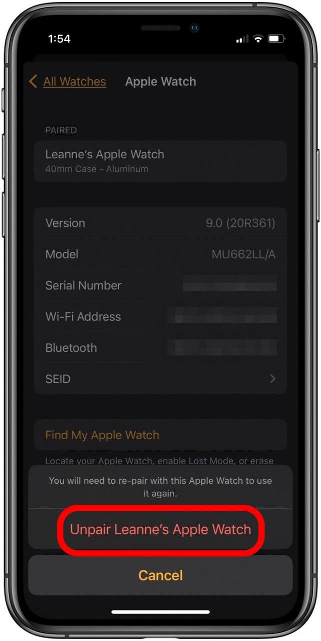 tap unpair apple watch again to disconnect apple watch