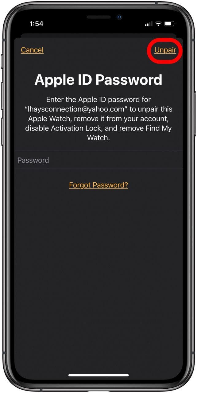 confirm that you want to unpair apple watch