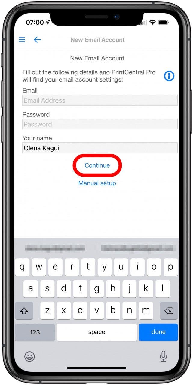 Enter your email, password, and name. Then tap Continue.