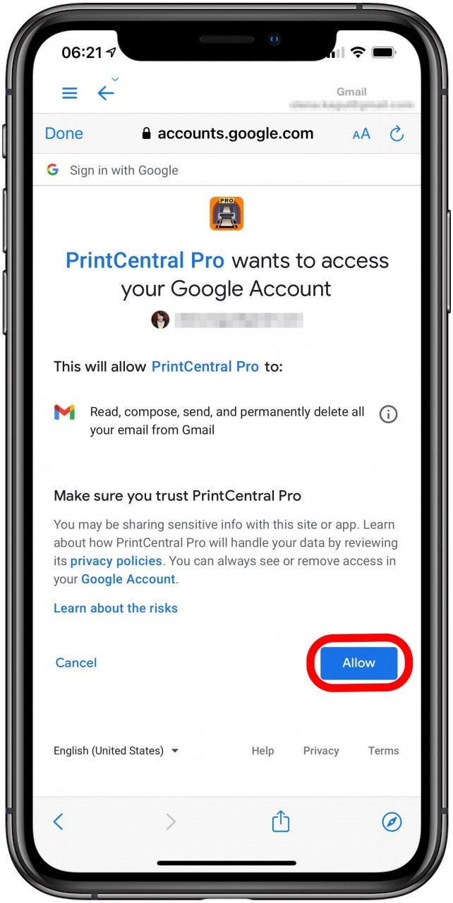 Allow PrintCentral Pro to access your email account.