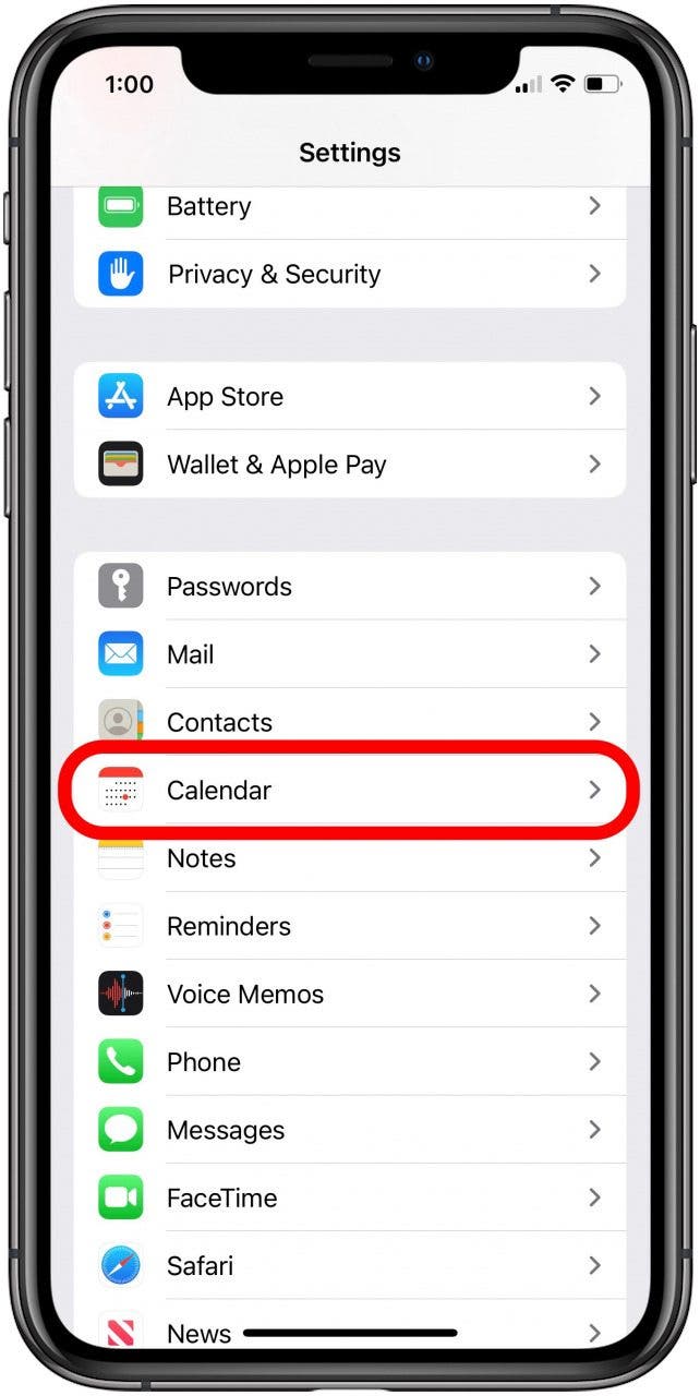 calendar settings in iphone settings app