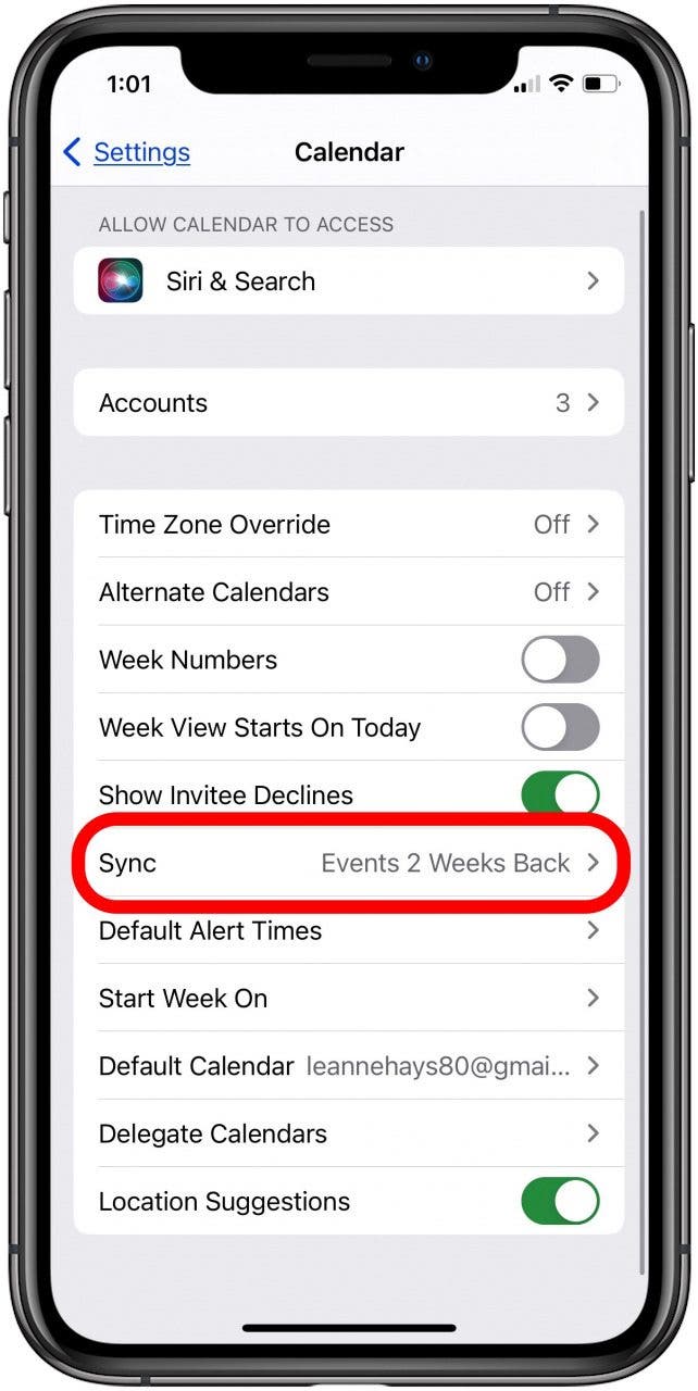 sync calendar in iphone settings