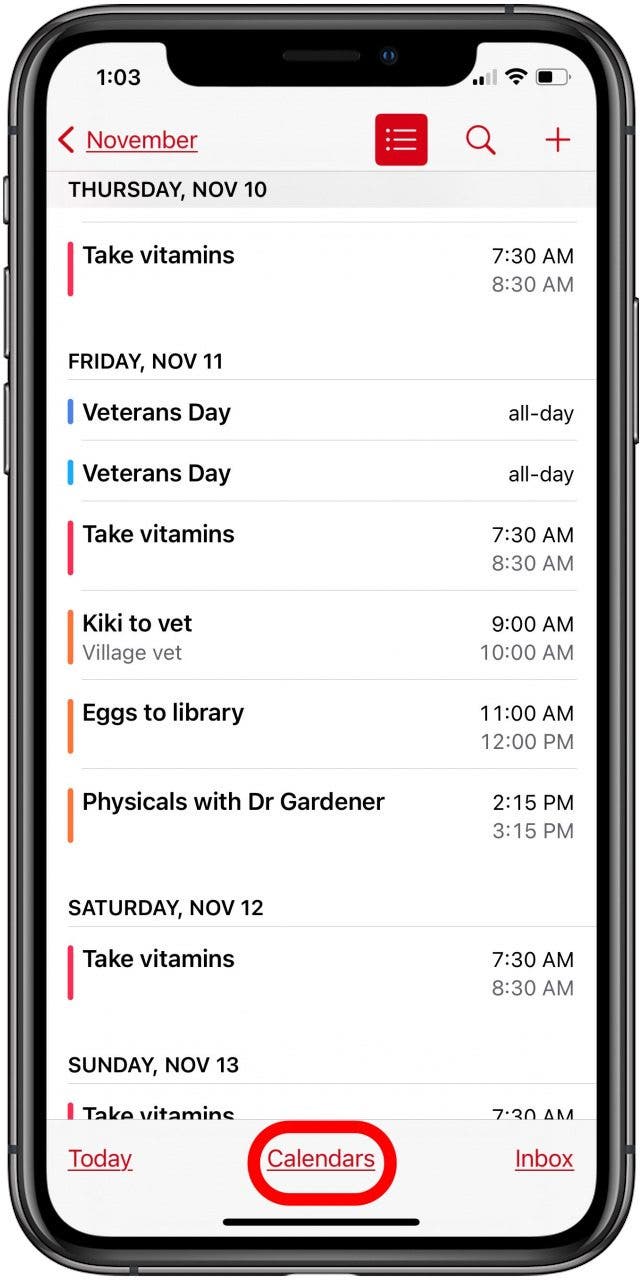 tap calendars in iphone calendar app