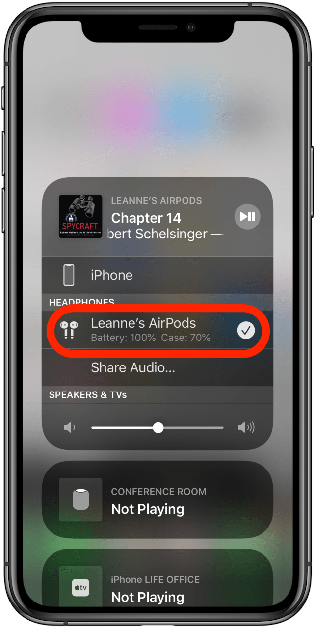 AirPods intermittant: iPhone AirPlay menu with AirPods selected