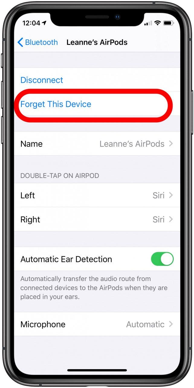 One Airpod failing: The Forget this option highlighted in the Bluetooth settings for AirPods on iOS