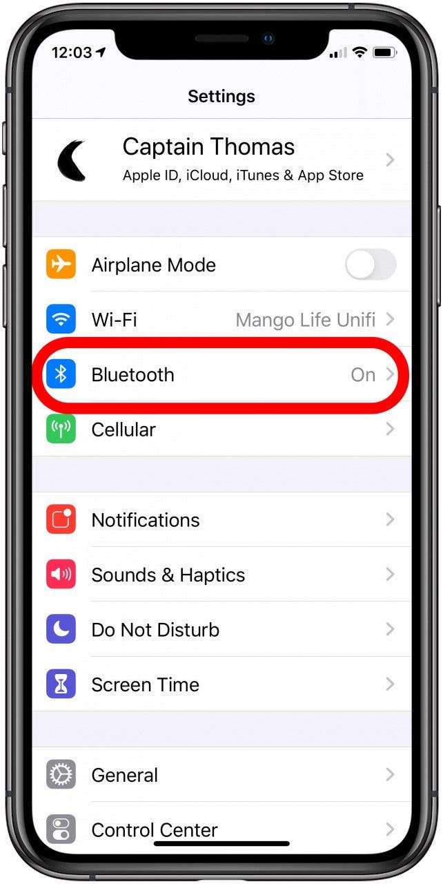 Left airpod not working: The Settings App in iOS with the Bluetooth option highlighted