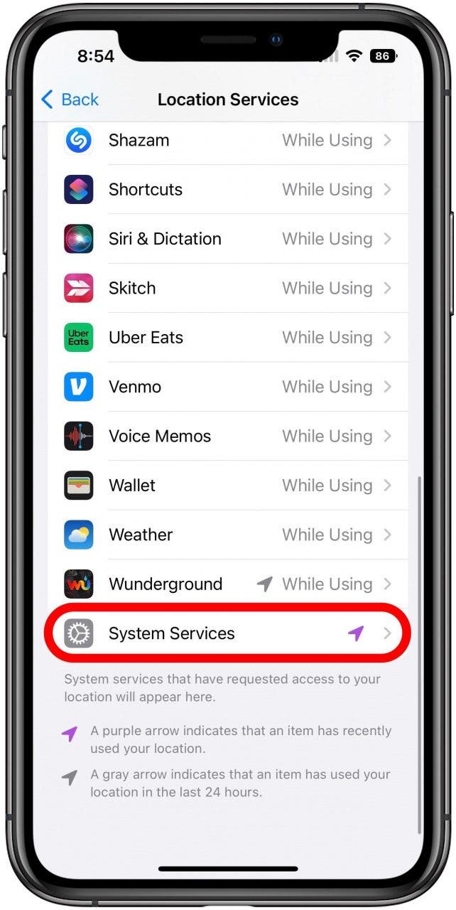 Location Services Settings screen with the System Services option marked.