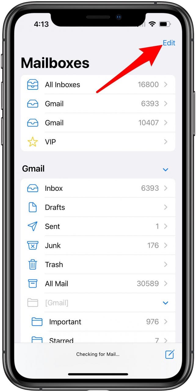 Mail app Mailboxes screen with Edit marked.