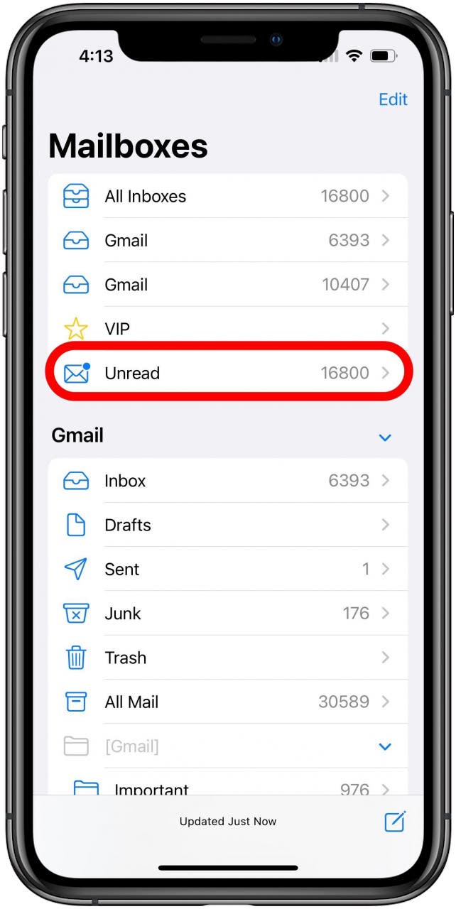 Mail app Mailboxes screen with Unread mailbox marked.