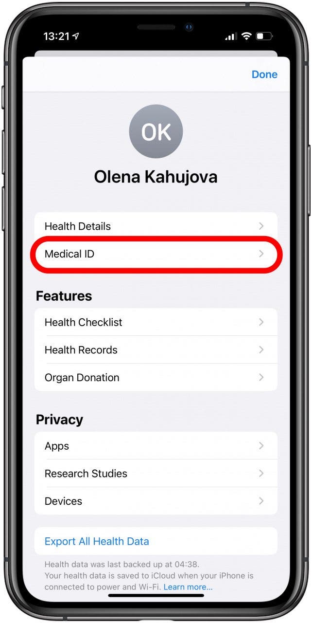 Tap Medical ID.