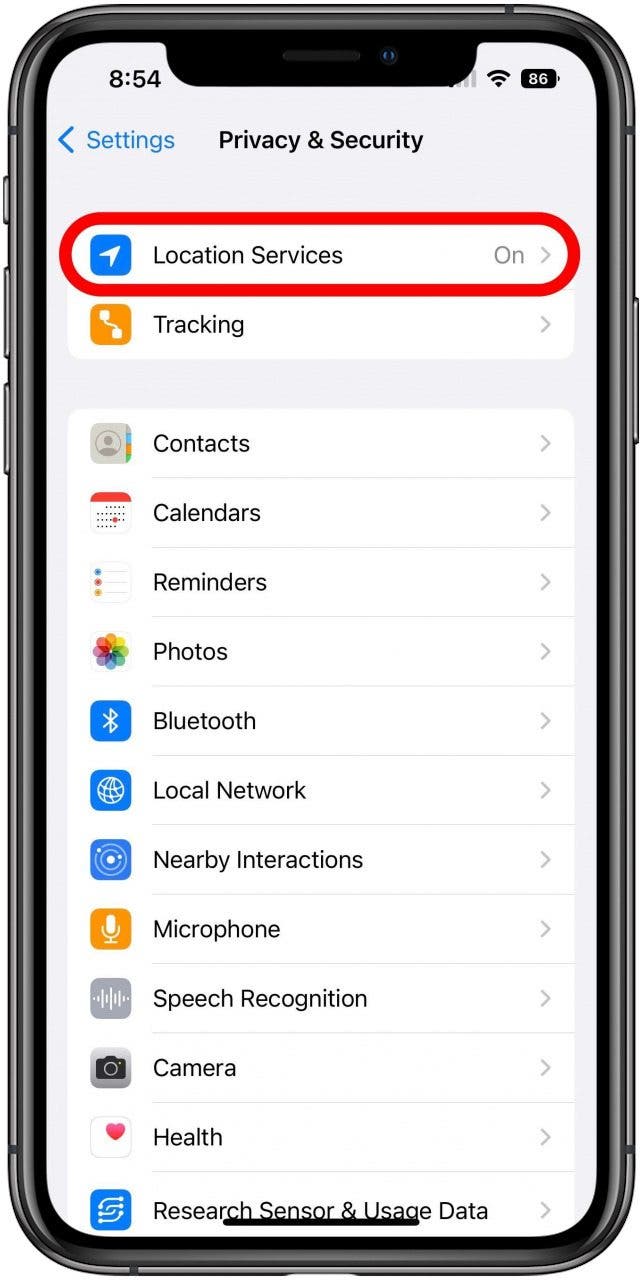 Privacy & Security Settings with Location Services option marked.