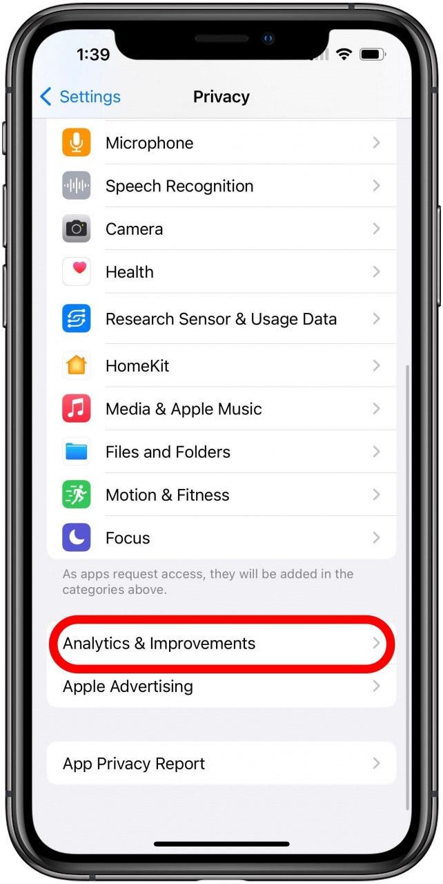 Privacy Settings screen with Analytics & Improvements option marked