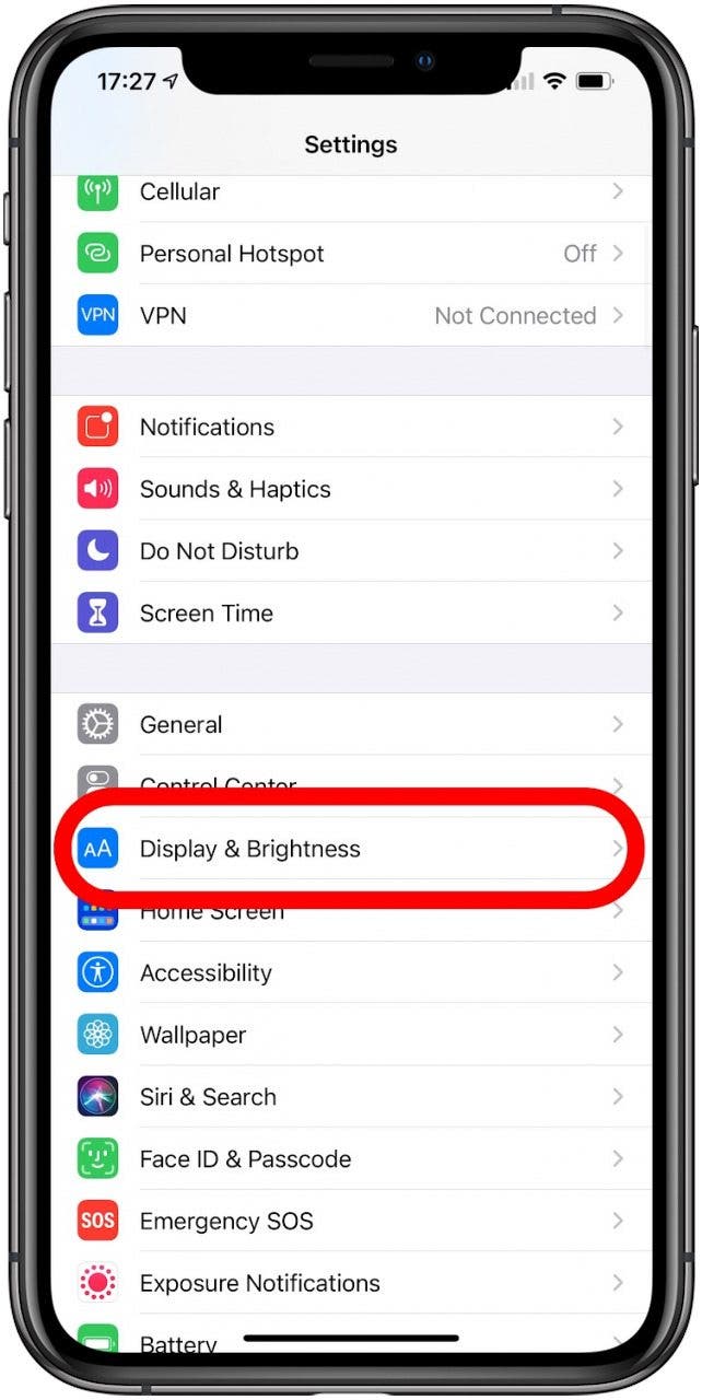 Select Display & Brightness - iphone x home button