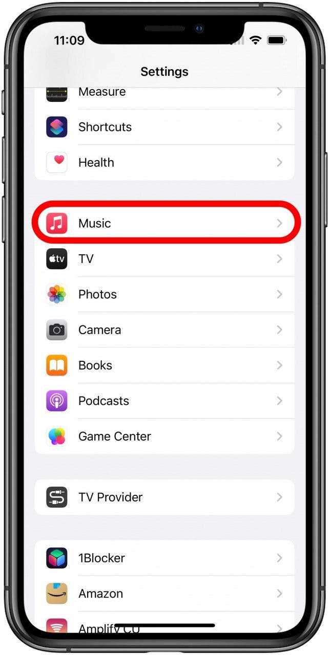 Settings app with Music option marked.