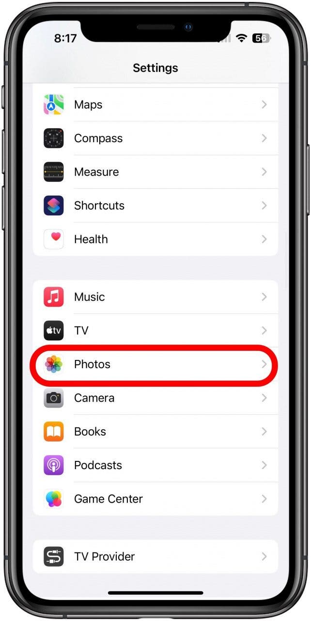 The Settings app with the Photos option marked.