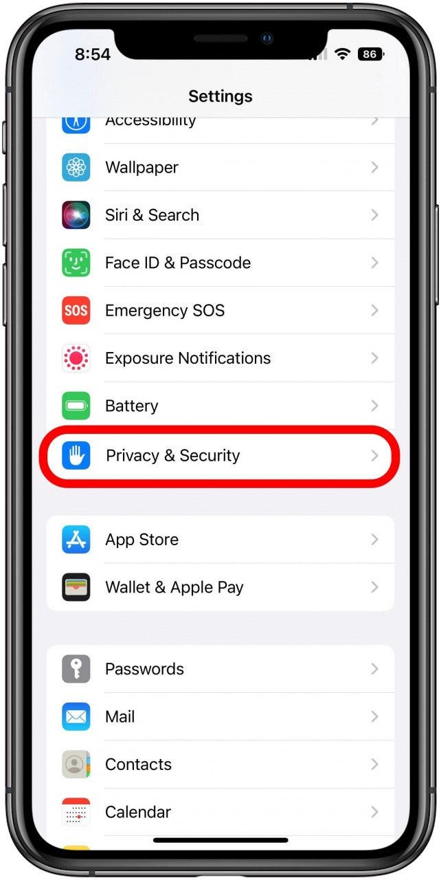 Settings screen with Privacy & Security option marked.