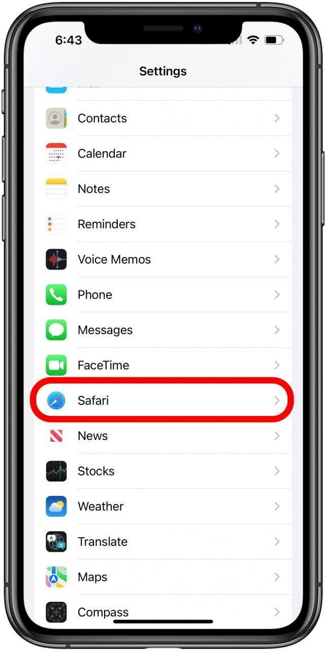 Settings screen with Safari option marked.