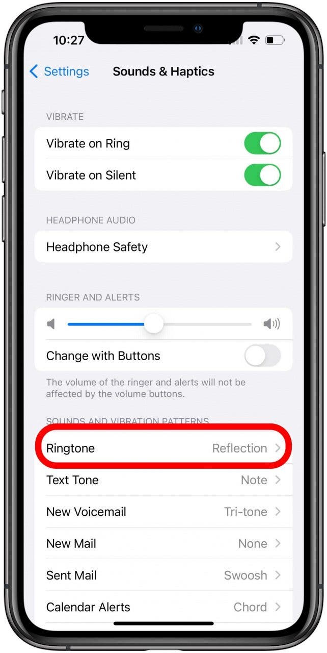 Sounds & Haptics settings with Ringtone option marked