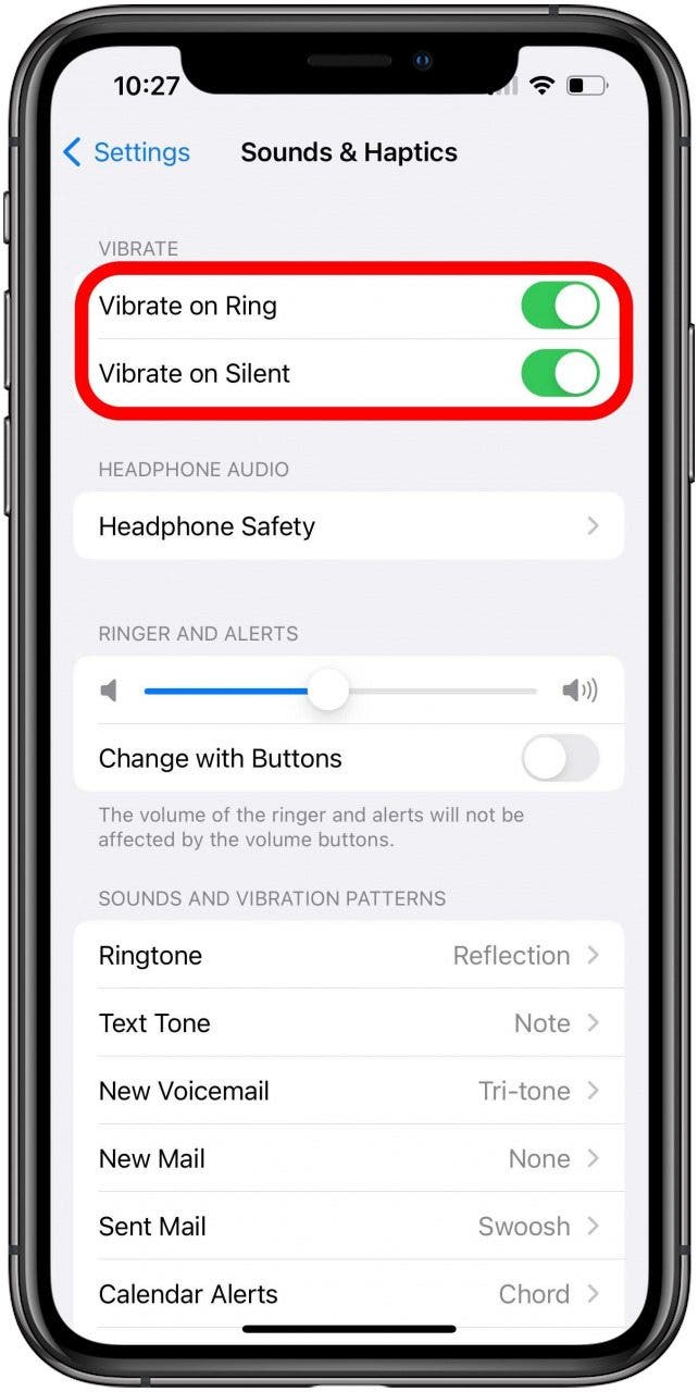 Sounds & Haptics settings with Vibrate toggles marked