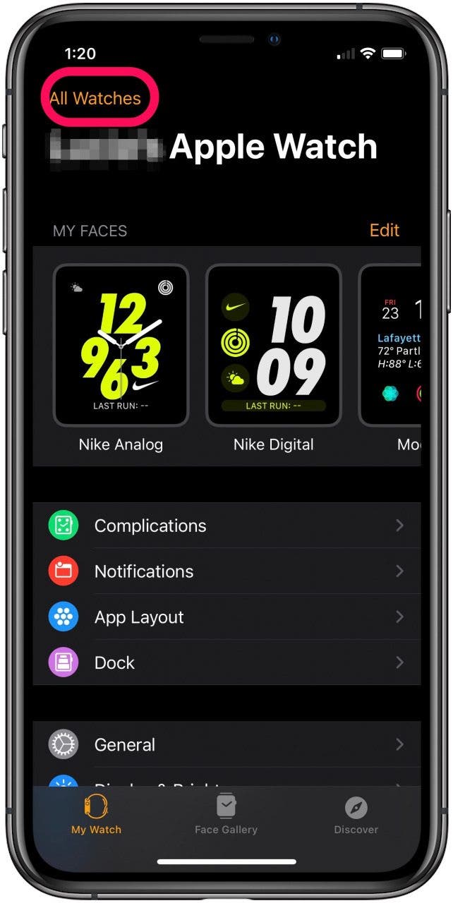 Tap All Watches in the upper-left corner