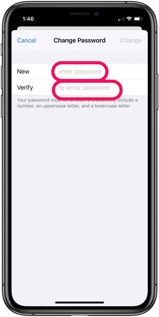 Enter a new password and re-enter it to verify the new password