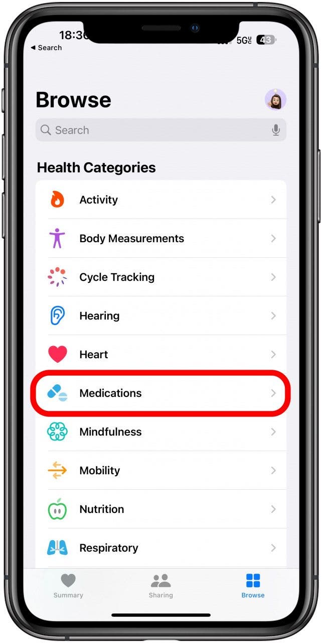 Search for Medications and tap to open it