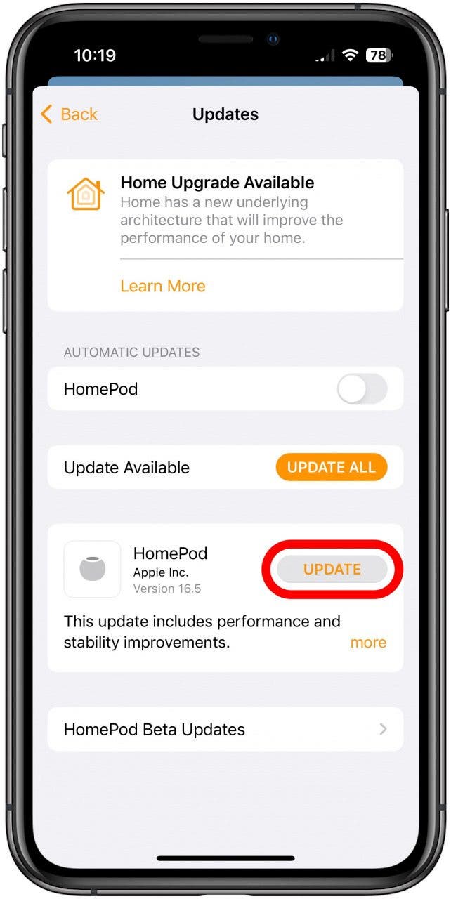 tap update homepod os 16