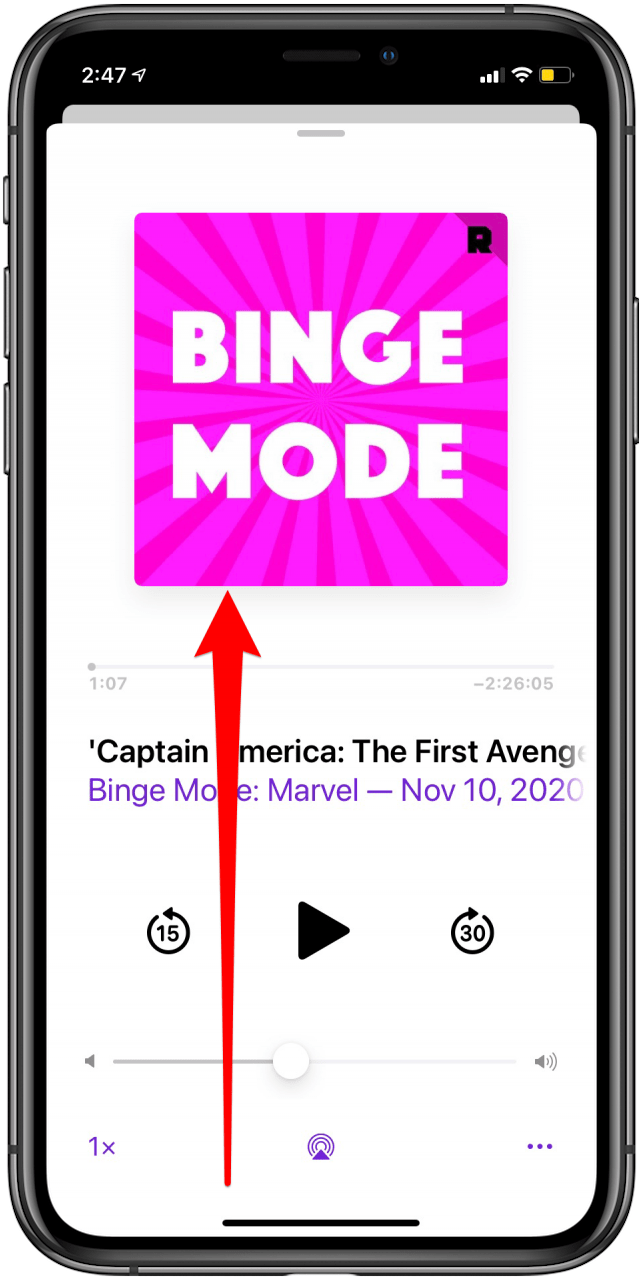 Swipe up on currently playing podcast